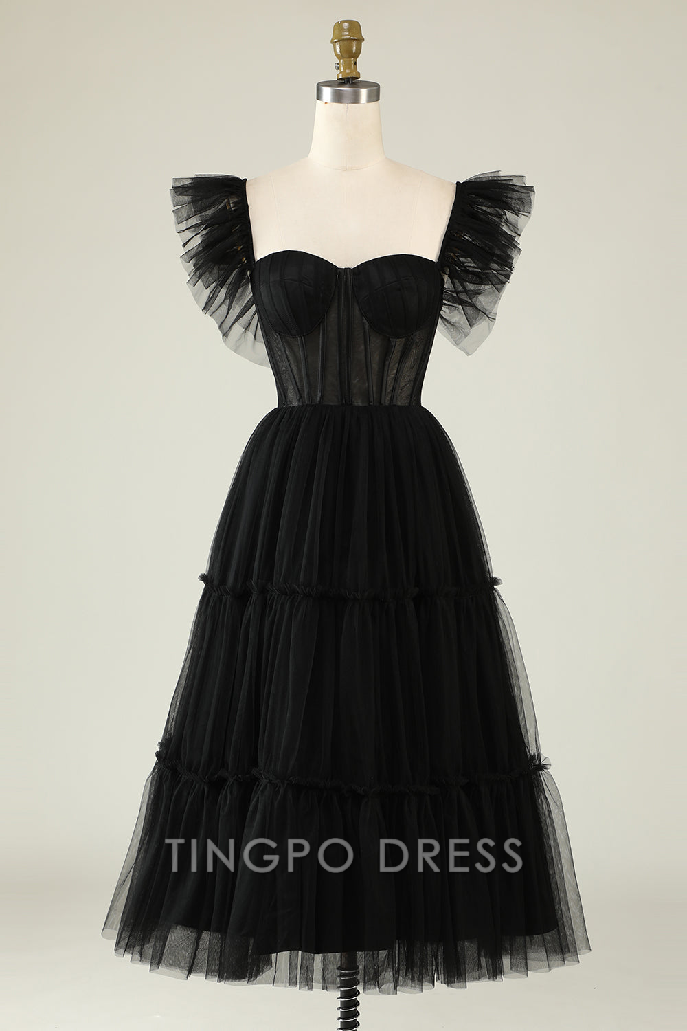 TingPo Wholesale Elegant A-Line Tulle Sweetheart Black Cocktail Dress formal wear dresses
